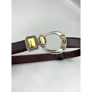 Chicos Black Leather Belt With Silver & Gold Decorative Buckle S/M